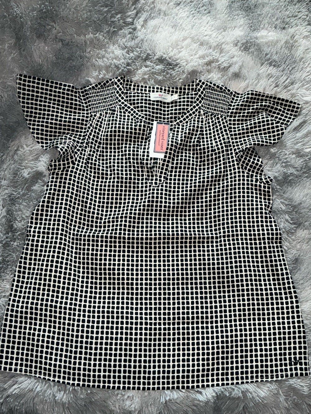 Vineyard Vines Black and White Grid Short Sleeve Blouse